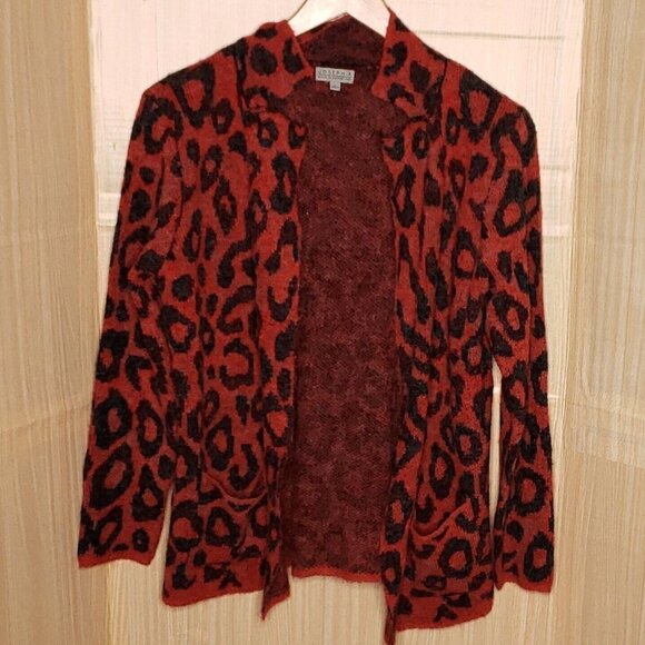 Joseph A Womens Red Black Fuzzy Animal Print Open Front Cardigan Sweater - Picture 1 of 7